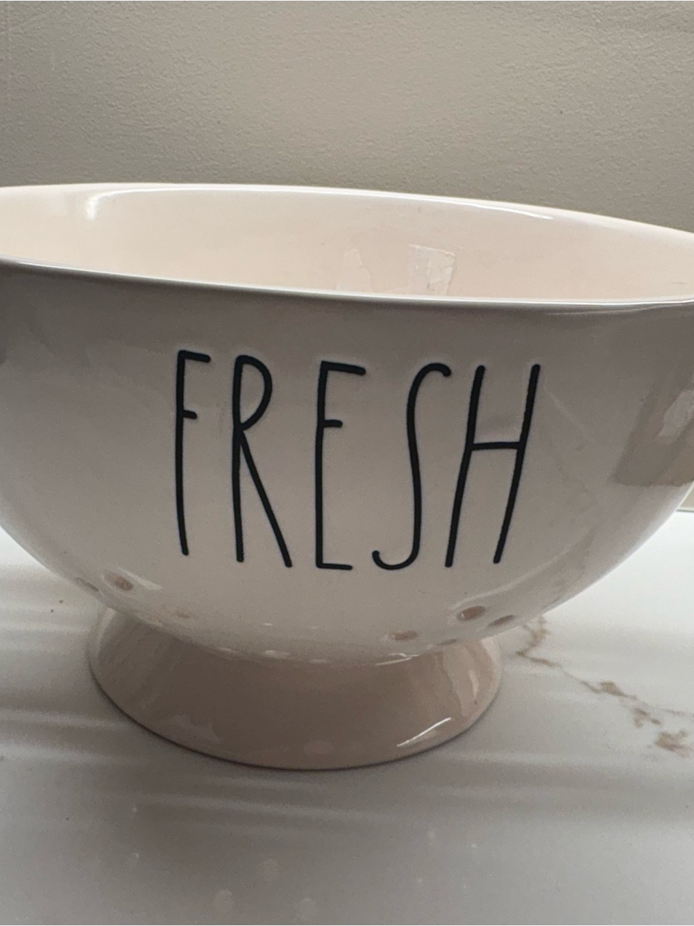 Rae Dunn White Ceramic Pedestal Bowl colander with 'FRESH' Lettering